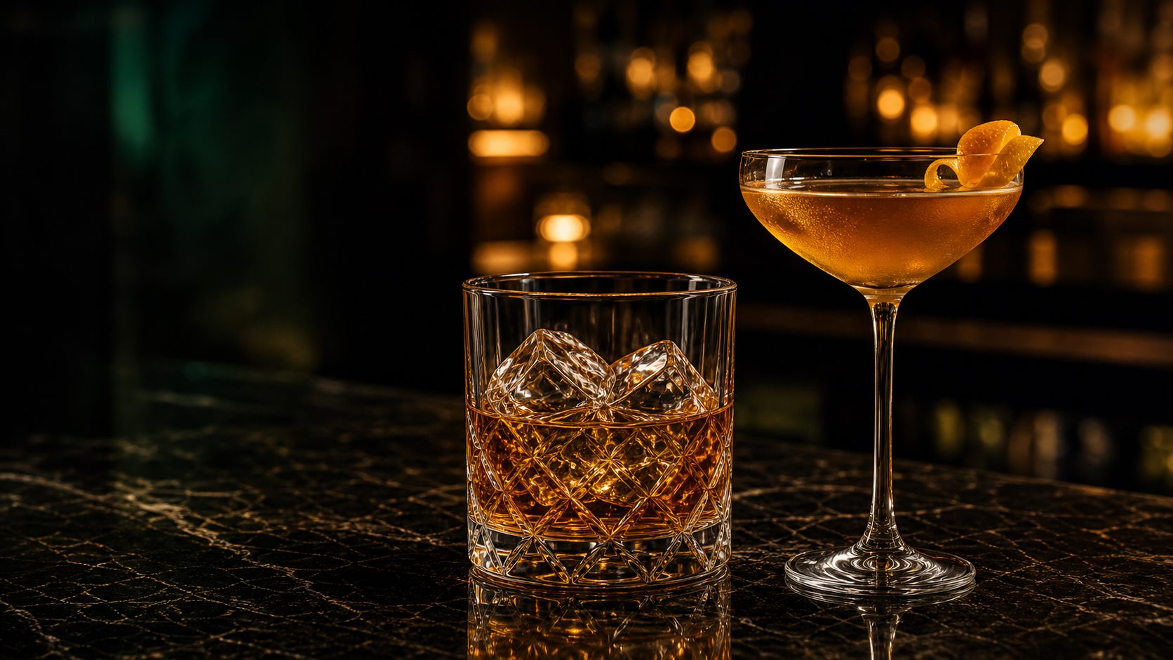 Rocks glass with whisky and cocktail glass on a dark bar counter