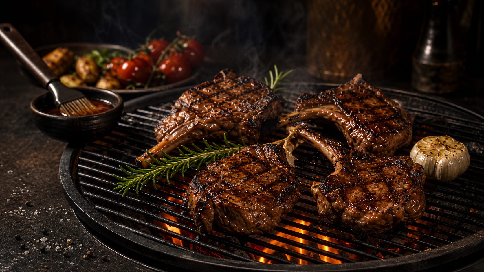 Flame-grilled meat on a hot grill with herbs and glowing embers