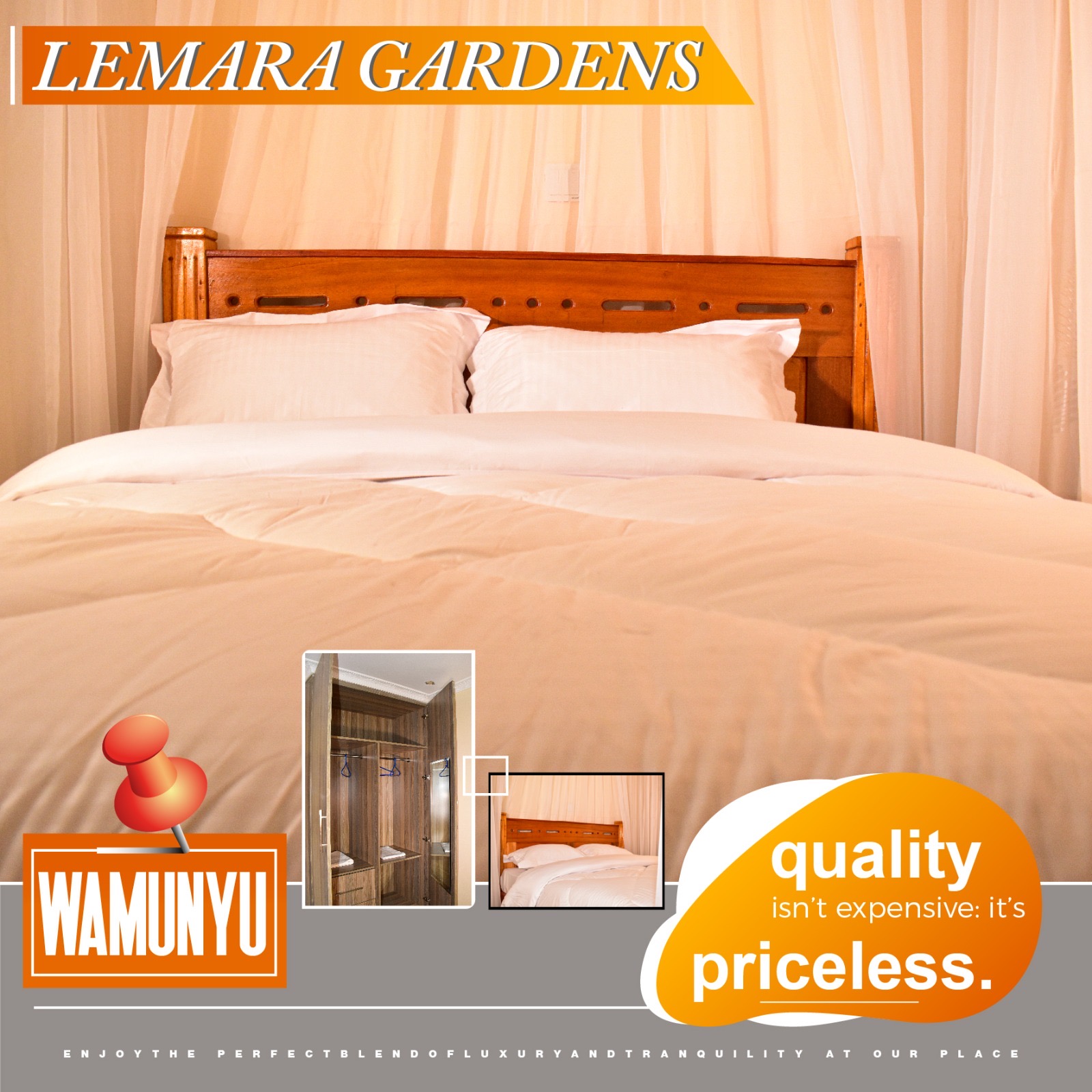 Lemara Gardens Wamunyu room poster showing a bed and quality message